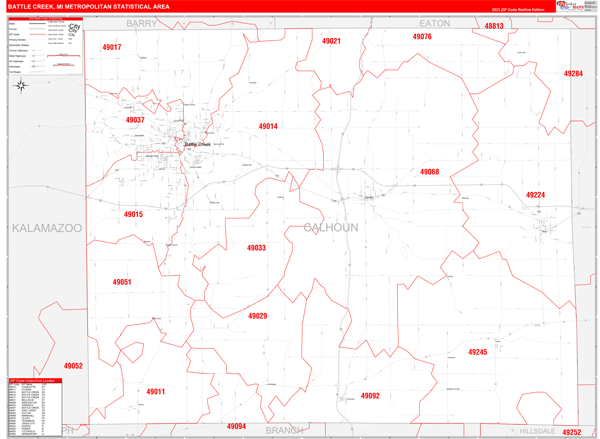 Battle Creek Metro Area Wall Map Red Line Style